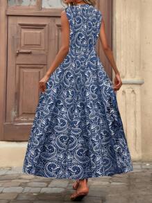 Breezaya V-Neck Sleeveless Paisley Print Boho Long Maxi Vacation Split Front Dress Women (No Belt) - Navy Blue - View 2