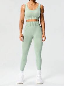 Seamluxe SHEIN Sport Conjunto Esportivo Feminino com Regata Verde Sem Costura de Gola Redonda e Calça com Cintura Elástica, Conjunto Atlético para Academia e Exercícios