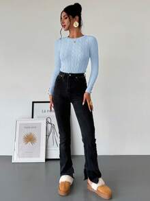 Firerie Women's Minimalist Elegant Casual College Style Versatile White Crew Neck Cable Knit Button Decor Fitted Sweater In Fall/Winter