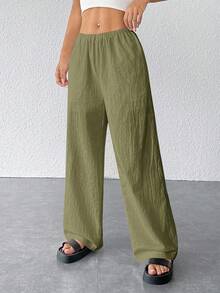 SHEIN PETITE 女士纹理简约宽松阔腿裤 - 軍綠色 - 查看 4