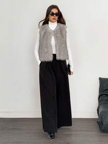 SHEIN Tall Women's Solid Color Open Front Fluffy Vest Jacket For Winter Fur Vest