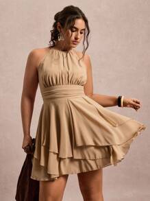 Freevana 大码女式无袖纯色收腰简约休闲连衣裙，时尚优雅 - 卡其色 - 查看 7