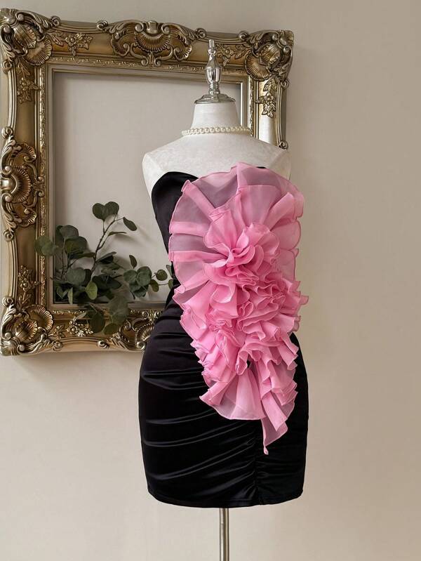 SHEIN Belle Elegant And Romantic Black Stitching Pink Ruffle Decoration Strapless Tube Stretch Fabric Ruched Fit Bachelorette Party Birthday Party Valentine's Day Cocktail Dress, Wedding Guest Dress
