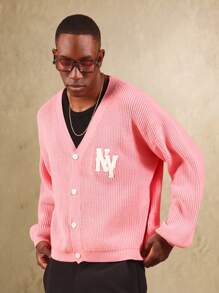 SUMWON Strickjacke im Varsity-Stil mit Knopfverschluss, NY Logo Patch, geripptem Muster, klassisch kollegial für Herbst und Winter, Buchstaben Patch, Langarm Pullover - Pink - Übersicht 5