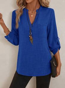 EMERY ROSE Áo sơ mi công sở cổ khoét họa tiết hoa mùa xuân cho nữ tay 3/4 - Màu xanh hải quân - Xem 5