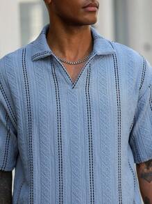 Manfinity Homme Business Style Men's Polo Shirt In Fabric With Regular Hem And Detailed Pattern Men Textured Shirt - BLUE AND BLACK - View 3