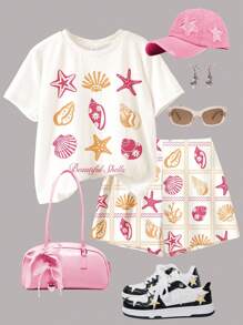 Bộ đồ thể thao nữ tuổi teen phong cách Y2K với họa tiết vỏ sò và sao biển đầy màu sắc, áo thun ngắn tay cổ tròn dáng rộng thoải mái và tối giản, thích hợp cho mặc hàng ngày vào mùa xuân/hè, phong cách đường phố, đi chơi, ở nhà, kỳ nghỉ. - Nhiều màu - Xem 3