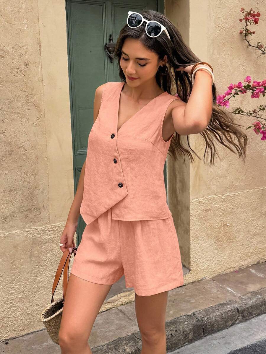 Selianne Conjunto de 2 piezas informal de chaleco y shorts de unicolor para mujer, para verano - Naranja Coral - Ver 1