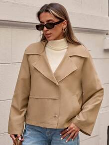 EURMUSE Women's Solid Button Front Casual Short Winter Coat - Beige - View 4