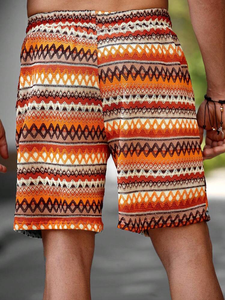 Manfinity RSRT 男士休闲日常穿着，完美适合海边度假，采用INS风格波西米亚橙色多色几何横条纹钩编针织提花纹理休闲度假短裤，男士沙滩度假短裤 - 彩色 - 查看 4