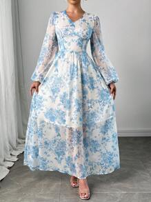 Modelyn 女式花卉印花V领灯笼袖优雅连衣裙 - 藍色 - 查看 7