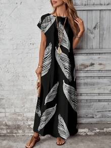 EMERY ROSE 大码黑色树叶剪影印花休闲连衣裙 - 黑色 - 查看 3