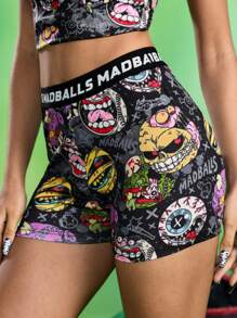 MADBALLS X SHEIN 女士黑色全印花卡通图案骑行短裤，酷炫百搭，适合休闲、万圣节、哥特风、秋季、返校季、外出、万圣节服装、返校节、秋冬季等各种场合。 - 黑色 - 查看 2