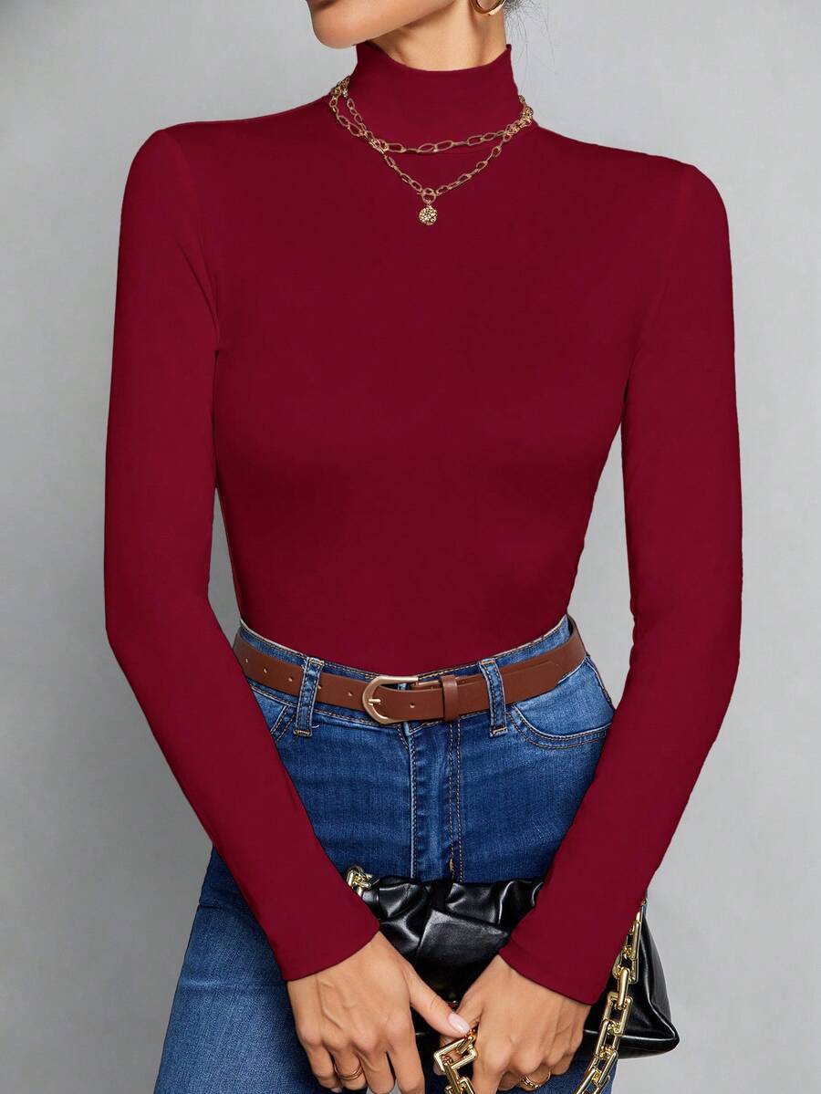 SHEIN Tall Simple Solid Color Slim High Collar White Top Suitable For Autumn And Winter,Red Top - Burgundy - View 1