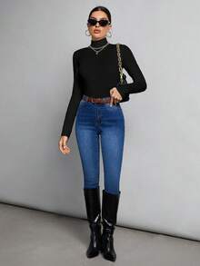 SHEIN Tall Simple Solid Color Slim High Collar Black Top Suitable For Autumn And Winter,Fall,Black Tops - Black - View 4