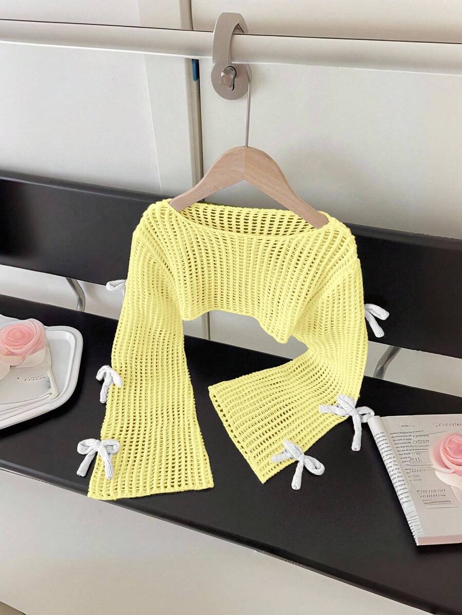 女童米色套头毛衣，可爱休闲时尚3D粉色蝴蝶结针织开衫