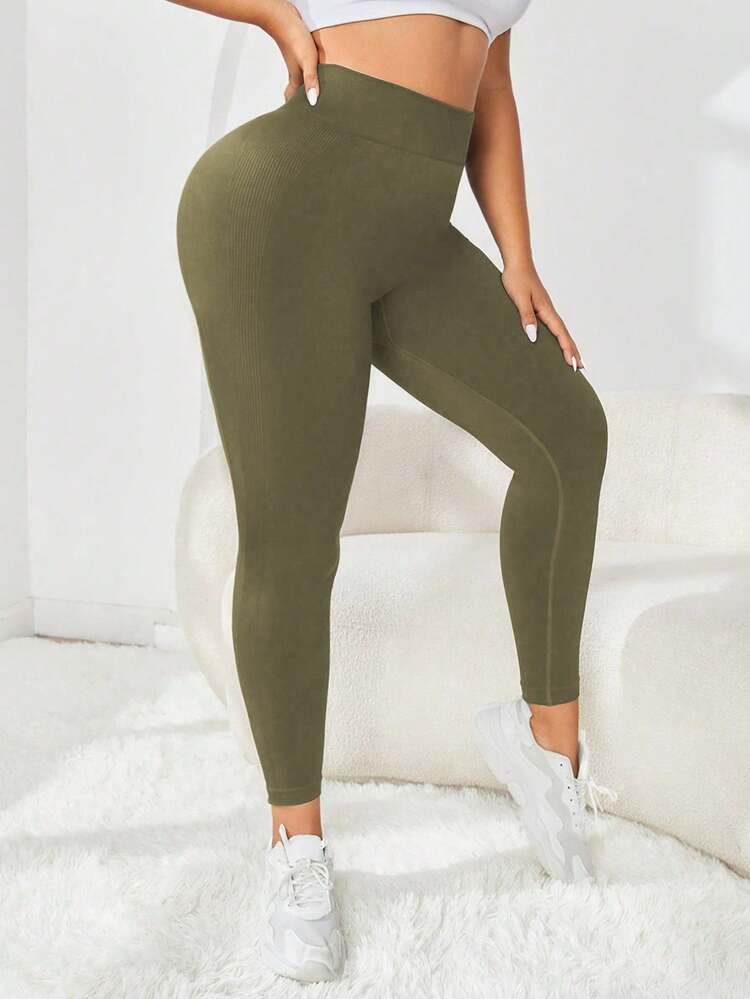 SHEIN Sports 大码无缝合身运动紧身裤 - 橄欖綠 - 查看 3