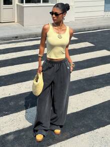 SHEIN EZwear 女士黑色针织阔腿运动裤 - 黑色 - 查看 4