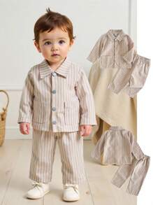 SHEIN Playful Pals Babyboy 春秋两件套卡其色条纹翻领长袖衬衫和直筒裤。经典条纹元素永不过时。风格简约休闲复古。两个小口袋增添一抹细节。采用梭织面料制成，面料厚度适中，宽松版型。适合派对、校园活动、居家休闲、婚礼等场合穿着。 - 卡其色 - 查看 1