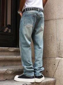 Manfinity Roghcode Manfinity Streetrush Washed Blue Straight Leg Jeans With Tiger Head Embroidered Patch, Street Fashion For Spring/Summer - Medium Wash - View 2
