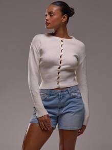 MUSERA 罗纹针织修身长袖开衫，纽扣设计，可爱夏日度假时尚款 - 奶油色 - 查看 1