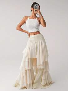 SHEIN ICON Asymmetrical Chiffon Ruffle Patchwork Loose Women Ruffle Hem Pants Beige Pants - Beige - View 3