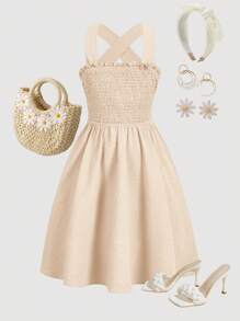 SHEIN Tween Girls' Backless Bow Decor Cross Strap Casual Sleeveless Dress - Beige - View 2