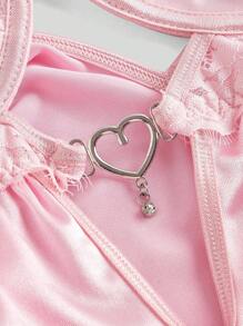 ROMWE Kawaii Baby Doll Silky Satin Lace Patchwork Plus Size Sexy Dress Set - Pink - View 6