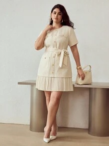 MOTF PREMIUM PLUS TWEED PLEATED HEM DRESS - Beige - View 5