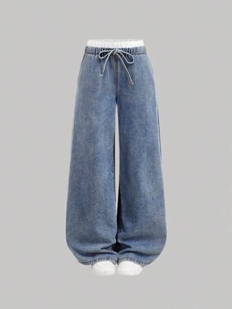 SHEIN Girlism Tween Girls Fashion Casual Y2k Vintage Cool Blue Elastic Waist Drawstring Adjustable Design Double Waistband Design Loose Jeans For Tween Girl Clothes Girls Costume Dailywear And Tween Girl Summer And Fall Rave Outfits Festival And Beach Outfits Streetwear School Clothes