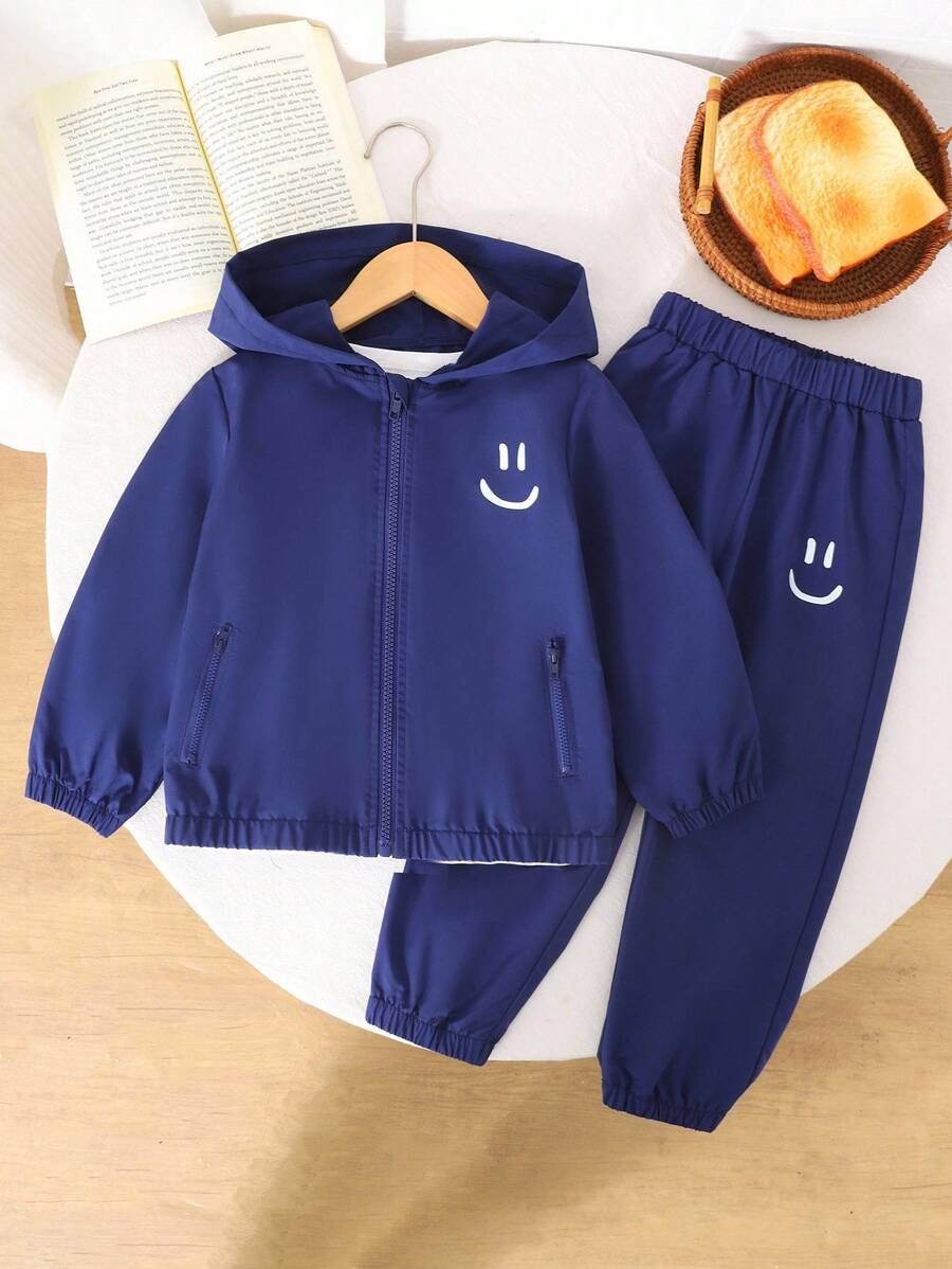 Young Boy Casual Cartoon Pattern Zip-Up Hoodie And Pants Set - Navy Blue - View 1