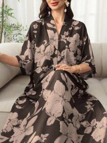 Al Najma 2025夏季新款阿拉伯风格女中袖碎花连衣裙，休闲度假时尚长款衬衫 - 咖啡棕 - 查看 1