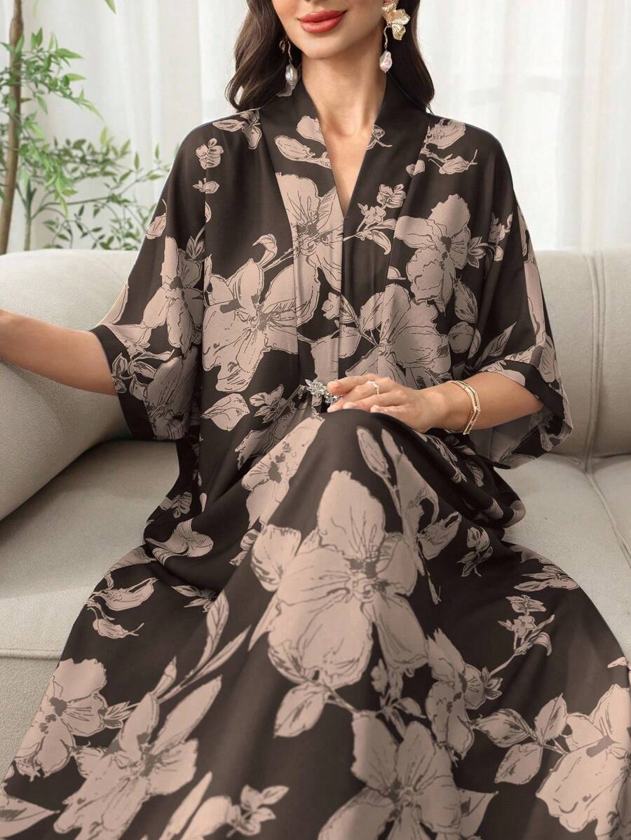 Al Najma 2025夏季新款阿拉伯风格女中袖碎花连衣裙，休闲度假时尚长款衬衫 - 咖啡棕 - 查看 1