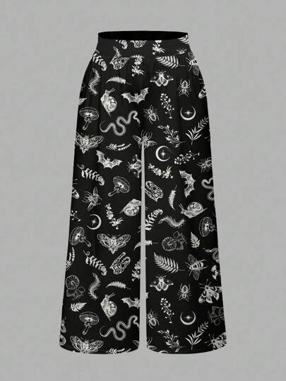 Goth Pantalon noir grande taille style gothique, sorcière sombre, hippie, avec motifs de lune, étoile, serpent, champignon, papillon