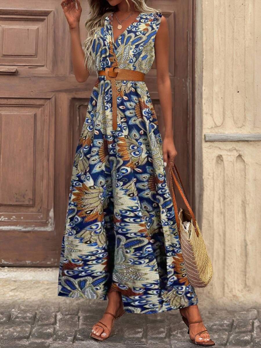 EMERY ROSE V 领裹身式全印花背心裙长款女装