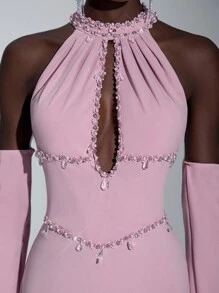 Elitara Elegant Woven Halter Off-Shoulder Mermaid Hem Zipper Dress, Suitable For Evening Parties, Business Events, Afternoon Tea, Birthday Celebrations, Holidays, Weddings, And Other Formal Occasions - Coral Pink - View 4