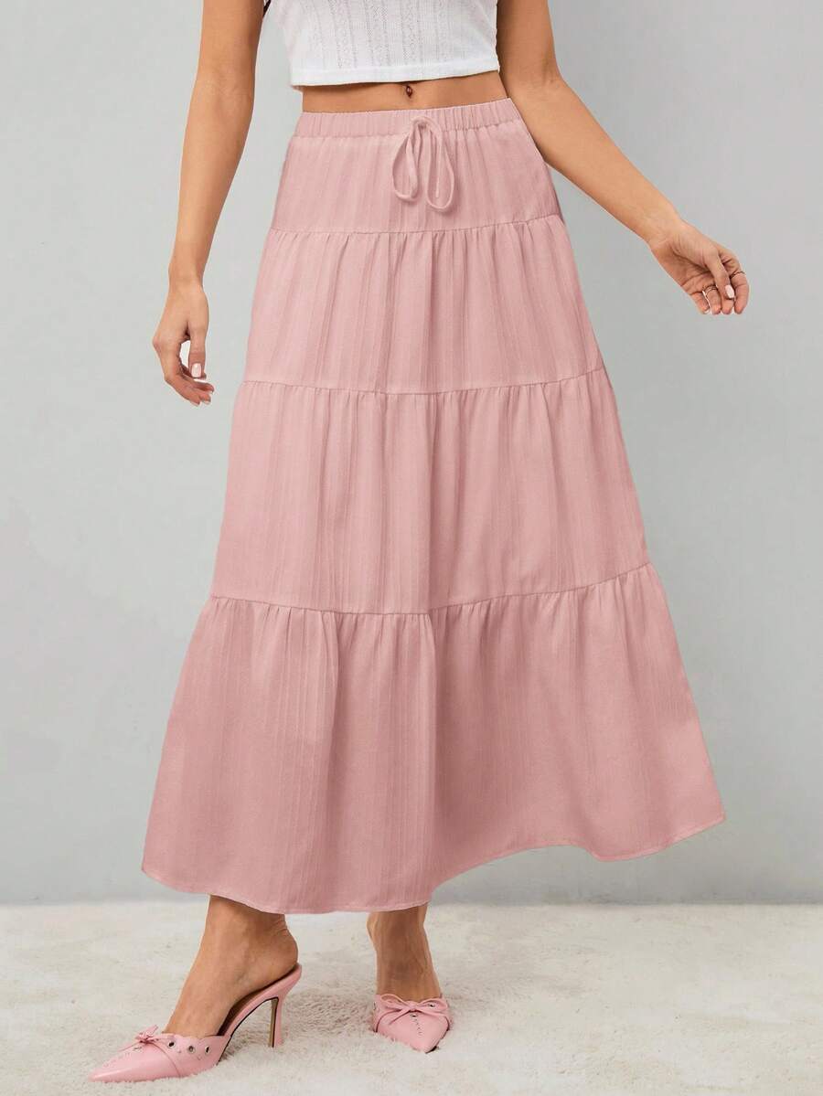 SHEIN Tall Váy Maxi Dài Cho Nữ Lưng Cao Buộc Dây Viền Xếp Nếp Màu Trơn - Hồng - Xem 1