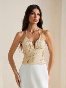 SHEIN Tall Camiseta de mujer elegante y sexy con cuentas, escote halter y espalda descubierta - Beis - Ver 6