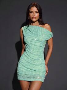 SHEIN BAE 秋冬女士夜间外出装夜店俱乐部派对装优雅闪亮水钻网眼不对称不对称肩部紧身迷你连衣裙，适合夜店派对、夜间外出、约会、性感女士俱乐部装、乡村音乐会服装、女士生日礼服、狂欢服装、女士鸡尾酒会礼服 - 綠色 - 查看 6