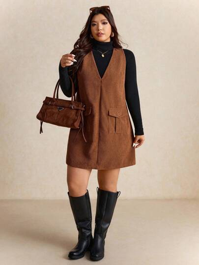 Elaquor Vestido casual sin mangas con cuello en V y bolsillos utilitarios de unicolor para mujer de talla grande