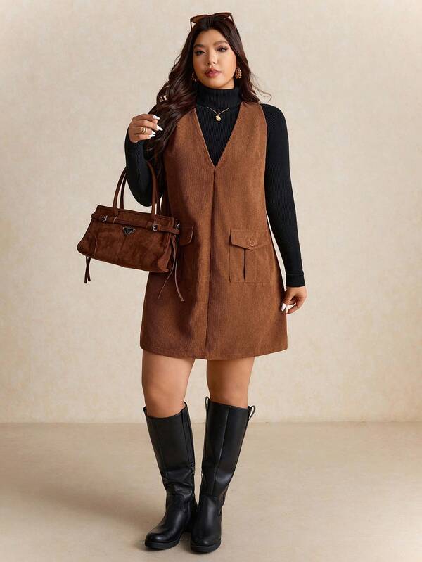 Elaquor Plus Size Women's Solid Color Utility Pocket V-Neck Casual Sleeveless Dress