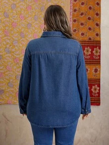 EMERY ROSE Plus Size Women Casual Embroidered Denim Blouse Fall Cloth For Women - Dark Wash - View 7