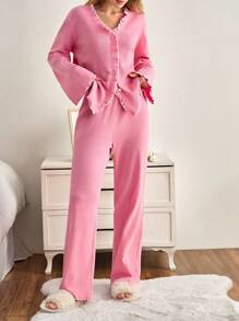 SHEIN Cottnline Plus Women 2 Pcs Button Front With Contrast Colour Stitch Detail Homewear Tredny Lounge Set Plus Size Pajama Set Ruffle Pajama Set Plus Size Sleepwear Set Curve Pajama Set Plus Size Ruffle Pajamas - Pink - View 3