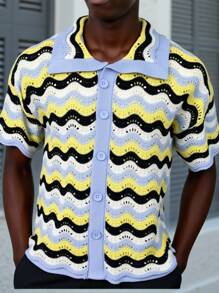 Manfinity Homme Men's Casual Button-Up Short Sleeve Knit Top Men Knitted Button Up Crochet Jersey Men Crochet Shirts - Baby Blue - View 4