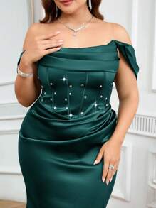 Coutiva Plus Size Formal Evening Gown (Heavily Embellished) Plus Size Satin Dress Plus Size Green Dress Off The Shoulder Plus Size Dress Plus Size Cocktail Dress Plus Size Emerald Green Dress
