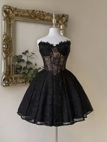 Lovelzi Elegante, romántico, de moda, de malla, negro, tela de encaje, espina de pescado, adecuado para vacaciones, discoteca, fiesta, resort, fiesta de cóctel, registro, vestido de gala, Día de San Valentín - Negro - Ver 8