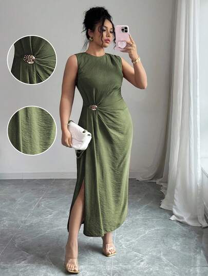 Elenzga 大码女式优雅简约无袖中长连衣裙，纯色搭配金属扣装饰，适合通勤、商务、休闲、度假、下午茶