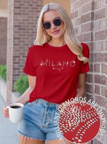 Flirla Camiseta casual de mangas cortas con lentejuelas calientes y texto "MILANO ITALY" para mujer