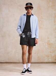 Surfspeed 男士骷髅印花速干宽松抽绳休闲沙滩短裤，时尚度假风，百搭及膝短裤 - 黑色 - 查看 2