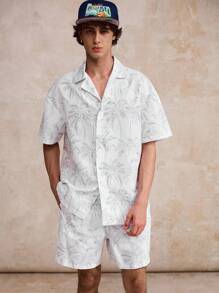 Surfspeed Men's Palm Tree Print Lapel NeckShort Sleeve Shirt And Shorts Beach Outfit